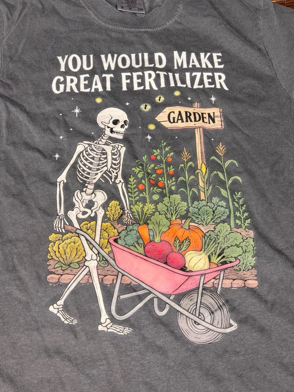 Skeleton Garden Graphic Tee - Grey with Pink Wheelbarrow & Colorful Veggies